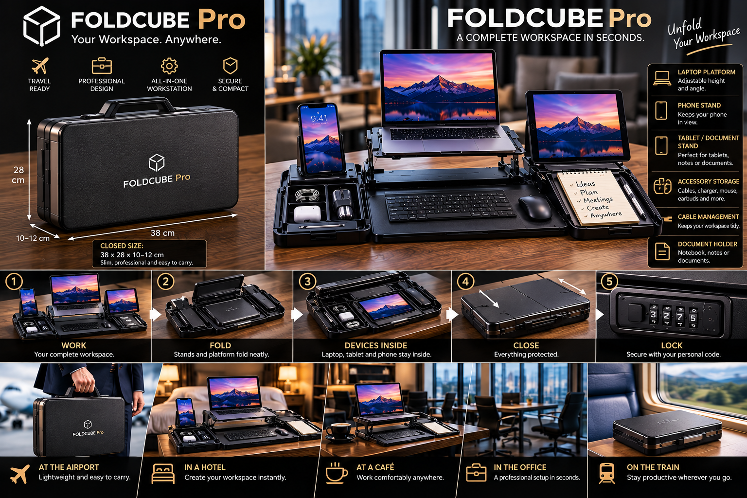 FOLDCUBE Pro compact case and unfolded professional workstation